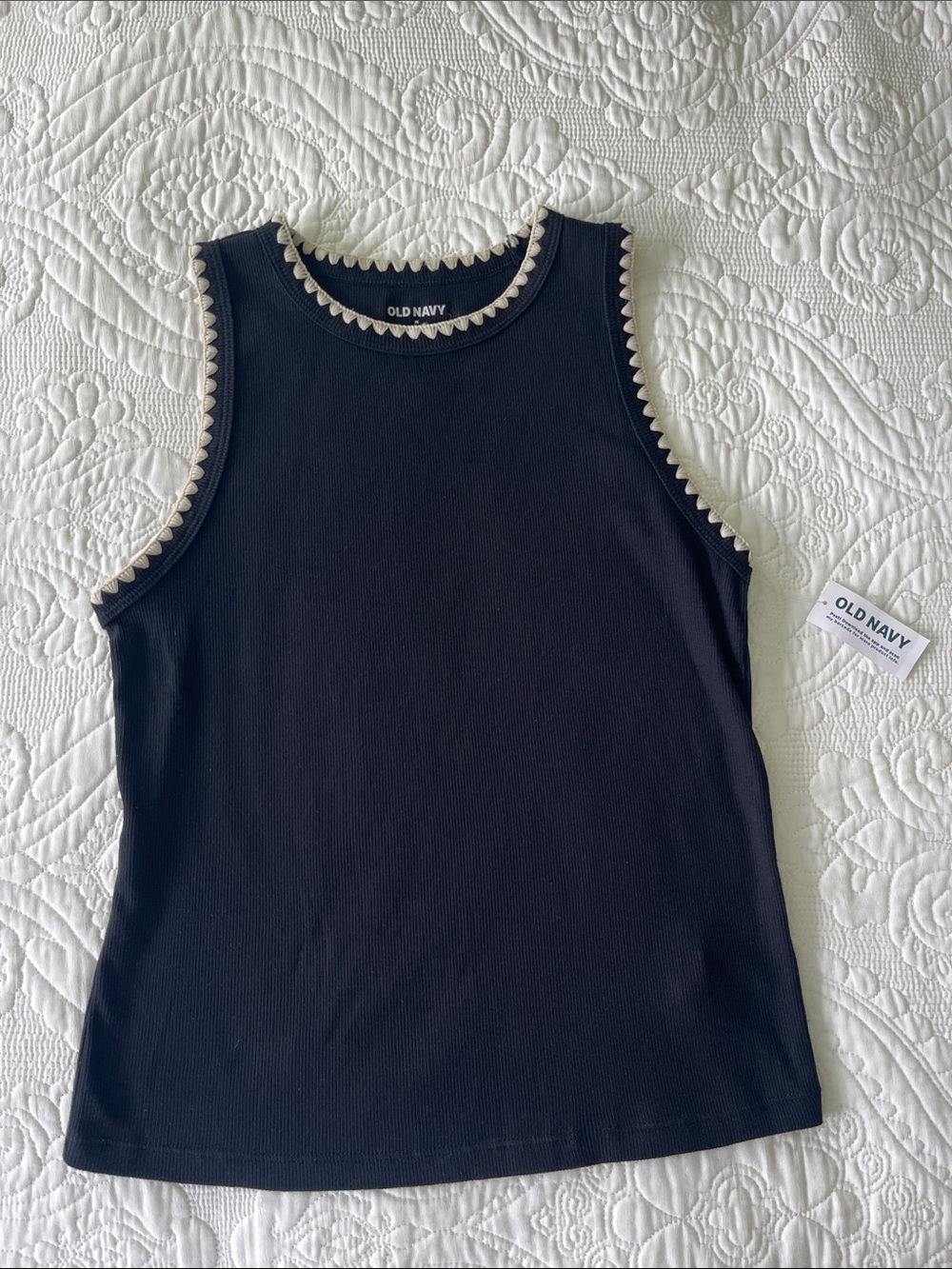 Old Navy Black Ribbed Tank with Cream Scalloped Trim